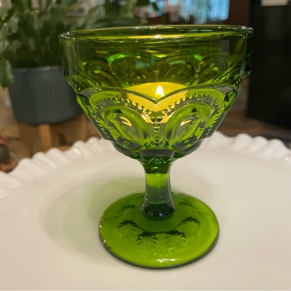 Green LE Smith Moon and Stars Champagne Coupe Sherbet Votive Glass Vintage L.E. - Picture 3 of 10